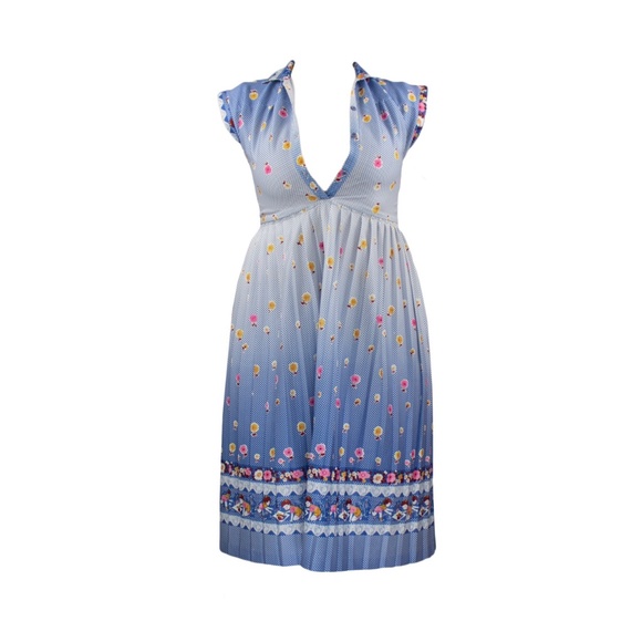 Vintage 70's Blue Novelty Print Polyester Midi - Picture 1 of 4